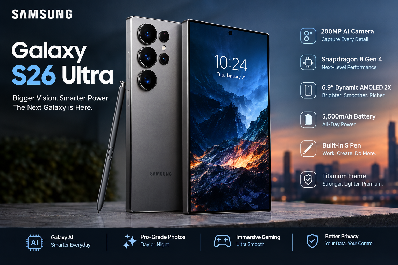 Samsung Galaxy S26 Ultra smartphone with 200MP AI camera, Dynamic AMOLED 2X display, built-in S Pen and premium flagship design